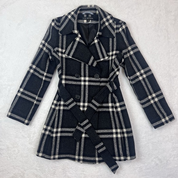 Via Spiga Plaid Women's Winter Peacoat Coat Pleated Size 8 Waist Tie Wool Blend - Picture 1 of 13
